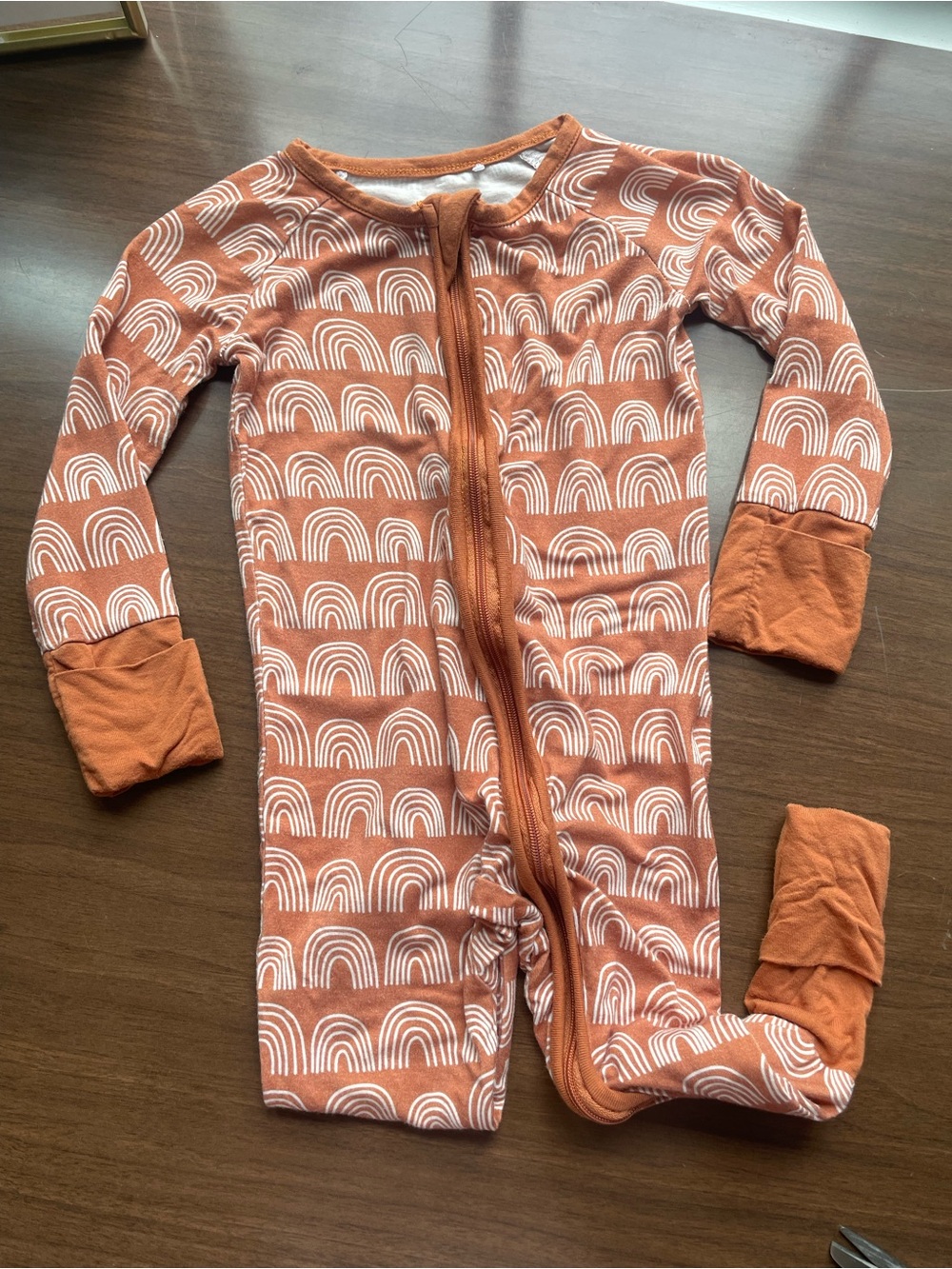 Bamboo One-Piece Zip Pajamas in Rust Rainbow Print